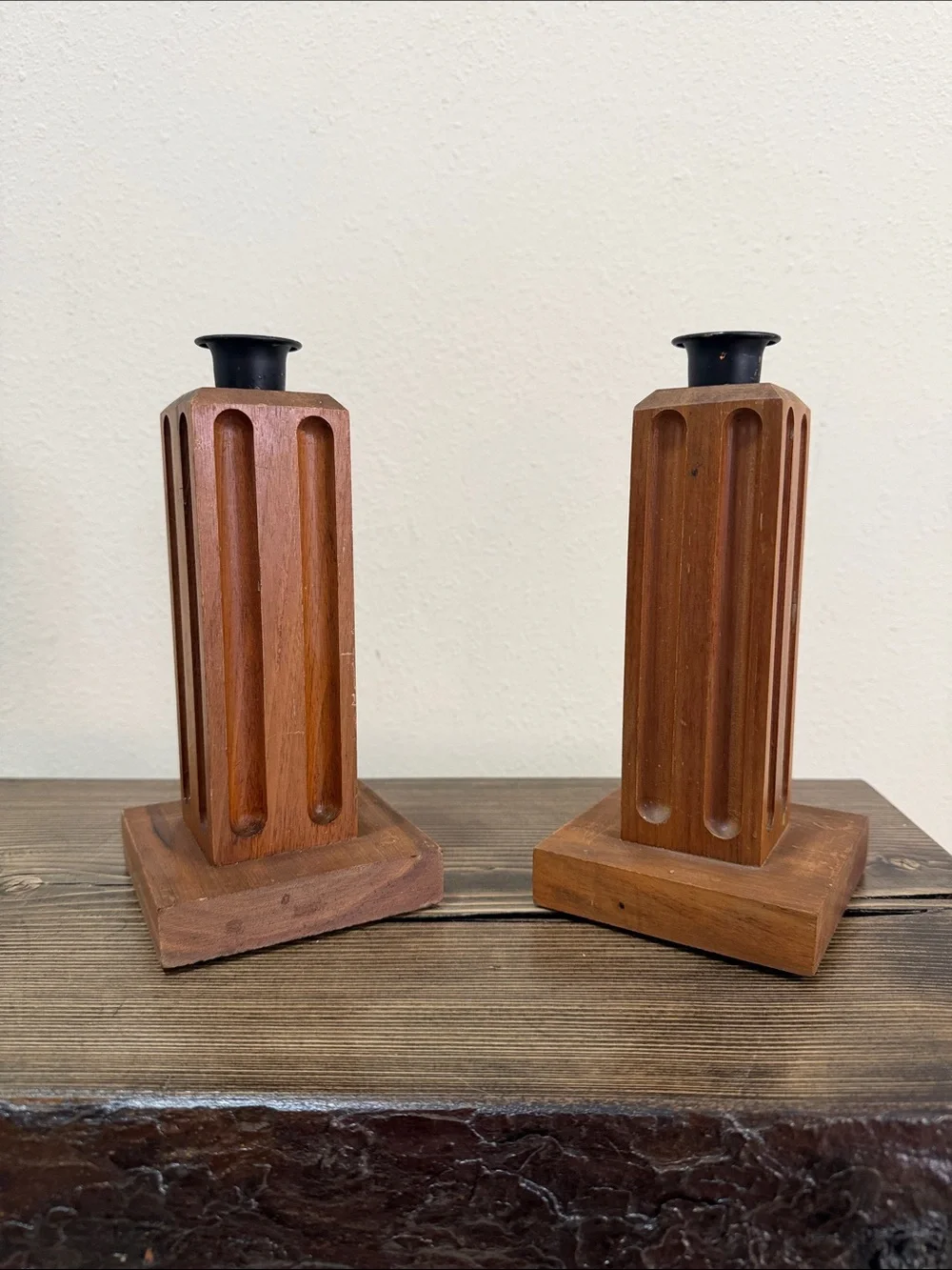 Vintage Mid Century Wood Candle Holders Pair Geometric Carved Taper Candlesticks